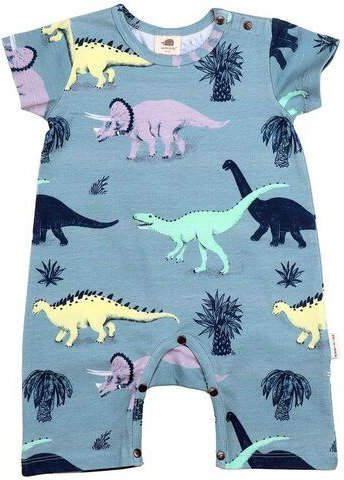 Baby Kurzarm-Body GOTS-zertifiziert aus Bio-Baumwolle, Running Dinosaurs, kurzer Beinabschluss, blau – Walkiddy, weich &...