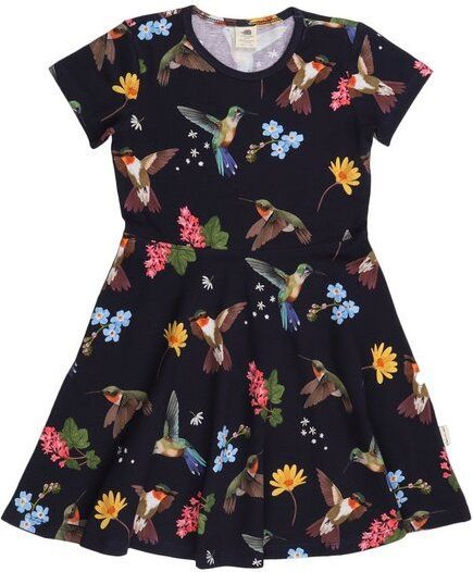 Kinder Sommerkleid GOTS-zertifiziert aus Bio-Baumwolle, dunkel mit Kolibri-und-Blumen-Print, kurzarm, schwingender Rock ...
