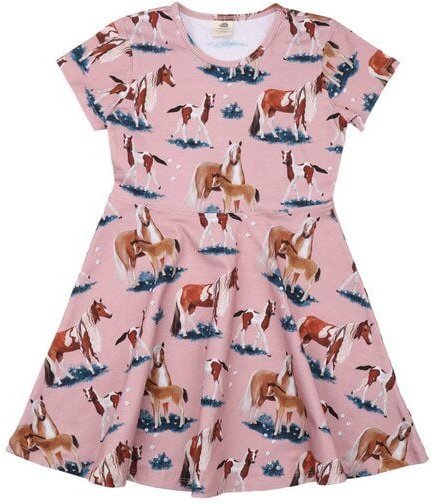 Mädchen Skaterkleid GOTS zertifiziert – Rosa mit Pferdemotiven, Kurzarm, weich & bequem | von Walkiddy