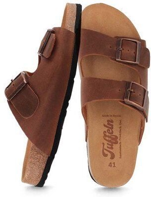 Tuffeln Leder-Pantoletten Norderney mit anatomischem Kork-Fußbett Zweischnaller-Sandalen