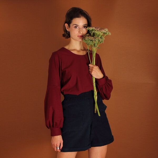 ManduTrap Baumwollpullover Caro mit Ballonärmeln in weinrot