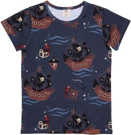 Baby T-Shirt GOTS zertifiziert, Bio-Baumwolle, dunkelblau, Piratenschiff-Muster, weich & bequem – Walkiddy