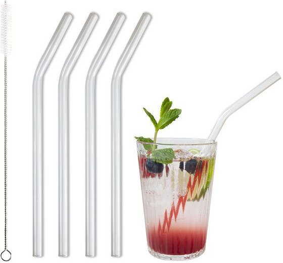 Contento Glastrinkhalm gebogen 21 cm lang, 4 Stück auf Geschenkkarte, mit Reinigungsbürste