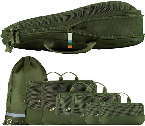 TRAVEL DUDE Packing Cubes, Packtaschen, Packwürfel, Kofferorganizer mit Kompression aus recycelten Plastikflaschen