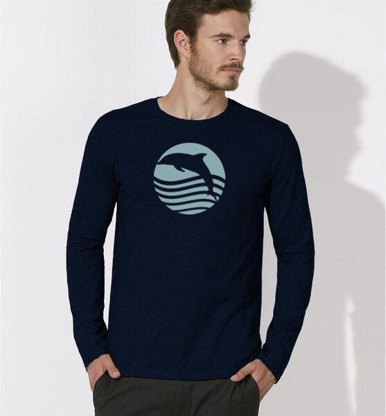 Picopoc Sonnenuntergang mit Delfin Langarm T-Shirt für Männer in navy blau
