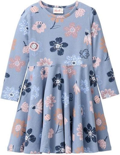 People Wear Organic Langarm Kleid, blau bedruckt, "große Herbstblumen", Bio-Baumwolle