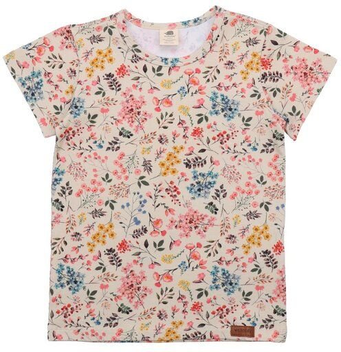 Kinder T-Shirt GOTS zertifiziert – Creme mit buntem Blumenmuster, Kurzarm, weich & bequem | von Walkiddy