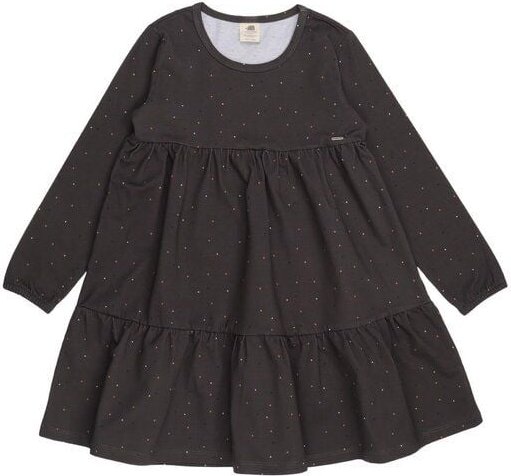 Mädchen Kleid GOTS-zertifiziert aus Bio-Baumwolle, grau mit bunten Punkten, Volantrock, langarm – Walkiddy