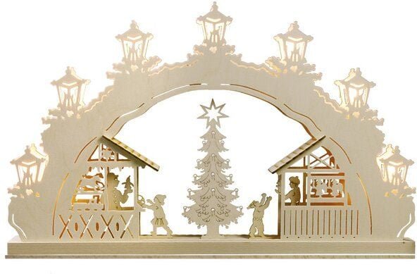 Weigla® Holzkunst Kleiner Schwibbogen "Weihnachtsmarkt" 7 flammig LED Beleuchtung