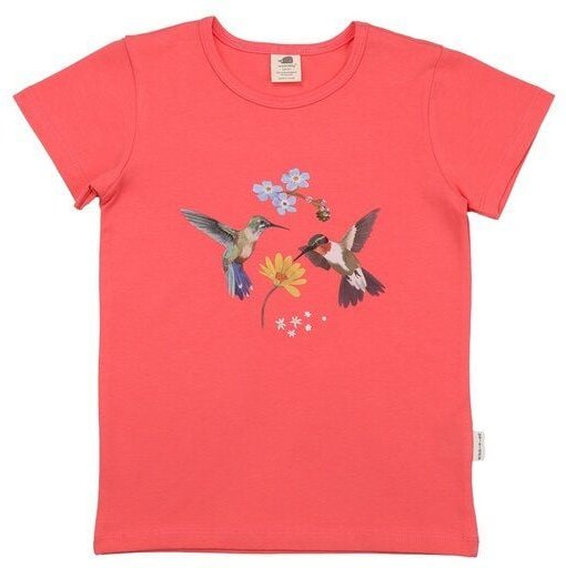 Thumbnail - Kinder T-Shirt GOTS zertifiziert, Bio-Baumwolle, korallrot, Kolibri-Blumen-Print, weich & bequem – Walkiddy
