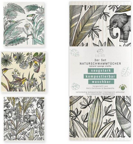 Schwammtücher 3er-Set »Dschungel« von LIGARTI | wiederverwendbar | kompostierbar | Naturschwammtücher