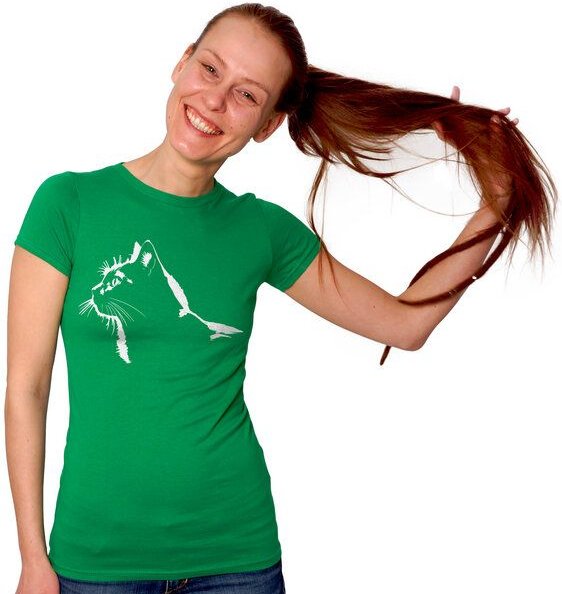 HANDGEDRUCKT "Stubentiger" Frauen-T-SHIRT von Earth Positiv Biobaumwolle