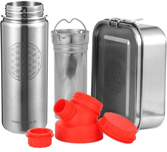 JN JuNiki's Set "Blume des Lebens": Lunchbox + 550ml Edelstahltrinkflasche + Teefilter