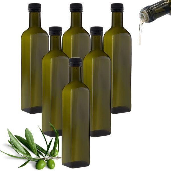 mikken 6er Set Ölflaschen 100 ml - 750 ml mit Ausgießer braune / grüne Glasflasche mit Dosierer Dosierflasche inkl. 6 Et...