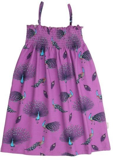 Kinder Trägerkleid GOTS zertifiziert, Bio-Baumwolle, lila, Pfauenmuster, leicht & bequem – Walkiddy