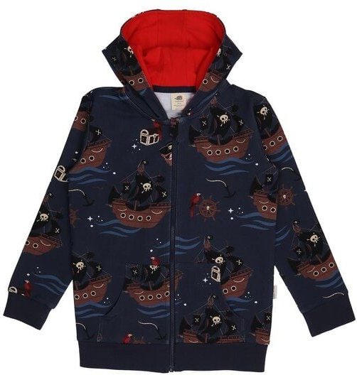 Kinder Sweatjacke GOTS zertifiziert – 95% Bio-Baumwolle, Dunkelblau mit Piratenschiff-Motiv, Kapuze & Reißverschluss | W...