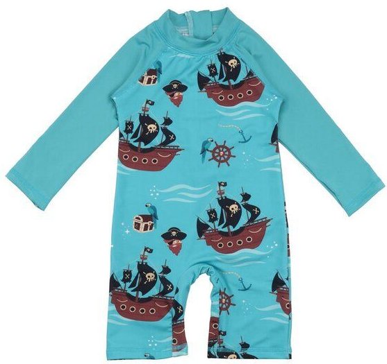 Kinder UV-Badeanzug GOTS zertifiziert Bio-Baumwolle Dunkelblau „Pirate Ships“ langarm bequem – Walkiddy