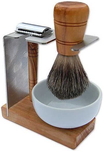 Olivenholz erleben Rasierständer/-halter SYLT PLUS mit Porzellantiegel für Rasierhobel & Pinsel