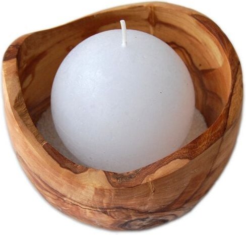Olivenholz erleben Kugelkerze PALLA in Rundschale aus Olivenholz