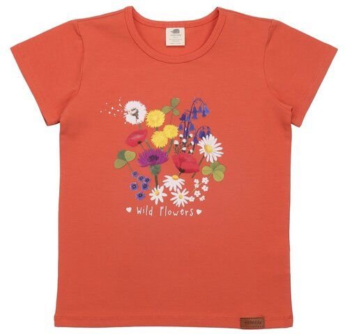 Kinder T-Shirt GOTS-zertifiziert aus Bio-Baumwolle, orange mit Wild-Flowers-Motiv, kurzarm – Walkiddy, weich & hautfreun...