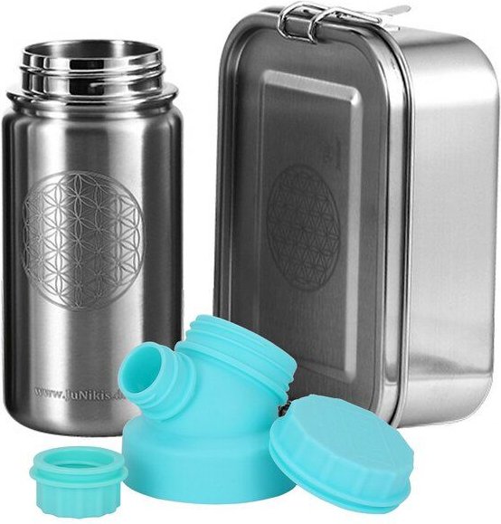 JN JuNiki's Einschulungs-Set "Blume des Lebens": Lunchbox + isolierte Edelstahltrinkflasche
