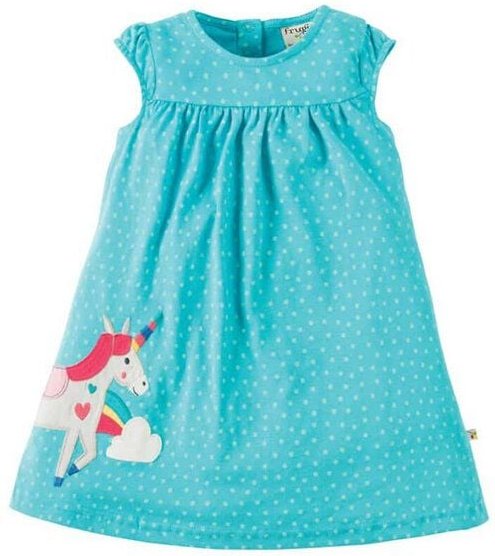 Frugi Jersey-Sommerkleid mit Einhorn-Applikation in türkis mit Punkten