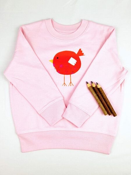 Meladi Kinder Sweater aus Biobaumwolle - Roter Vogel auf Pink