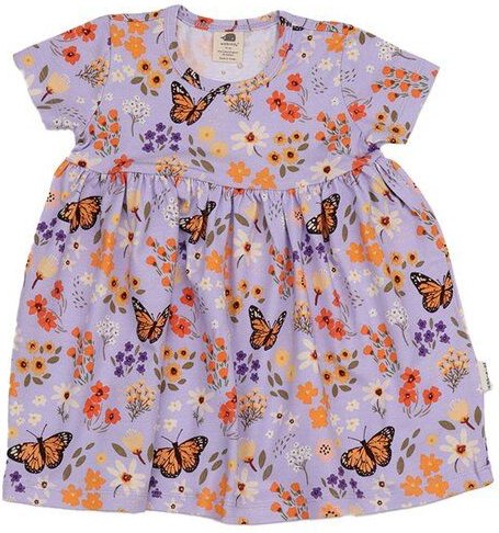 Baby Kleid GOTS zertifiziert, „Flowers & Butterflies“ Allover, lila, Kurzarm, weich – Walkiddy