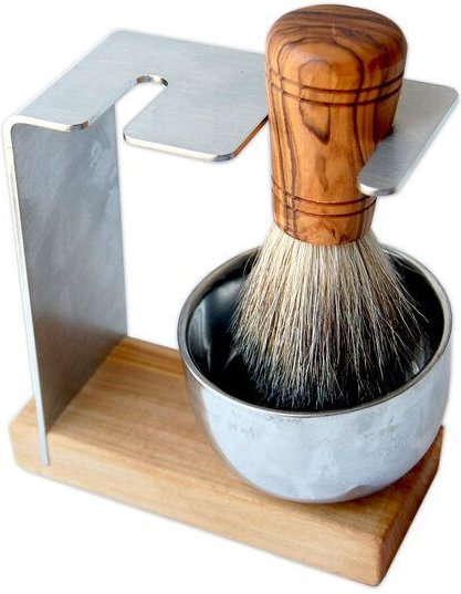 Olivenholz erleben Rasierständer/-halter SYLT PLUS Metalltiegel mit Rasierpinsel Sir George vegan aus Olivenholz