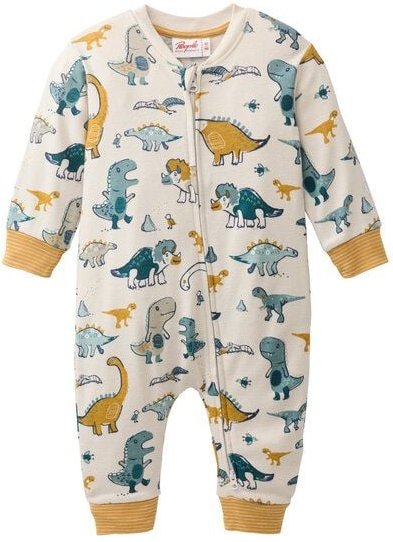 People Wear Organic Langarm Overall, beige bedruckt, "Dinosaurier", Bio-Baumwolle