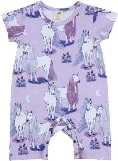 Baby Kurzarm-Strampler GOTS zertifiziert – Lila mit Einhornmotiv, weich & bequem | von Walkiddy