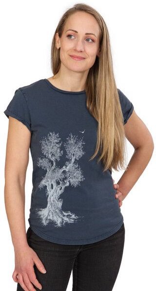 Life-Tree Organic Fairwear Shirt Women "Olive Tree" in Washed Blue/Green