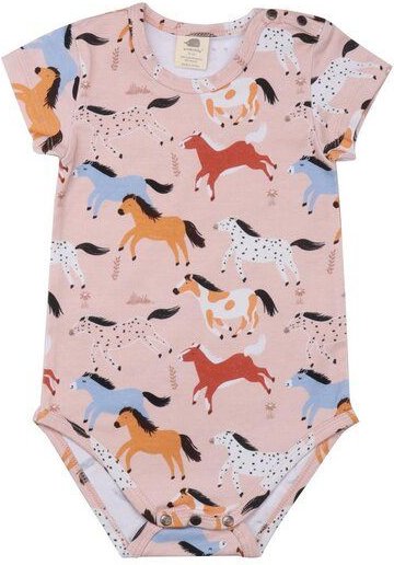 Baby Body GOTS zertifiziert – 95% Bio-Baumwolle, Rosa mit Pferde-Motiv, Kurzarm, weich & bequem | Walkiddy