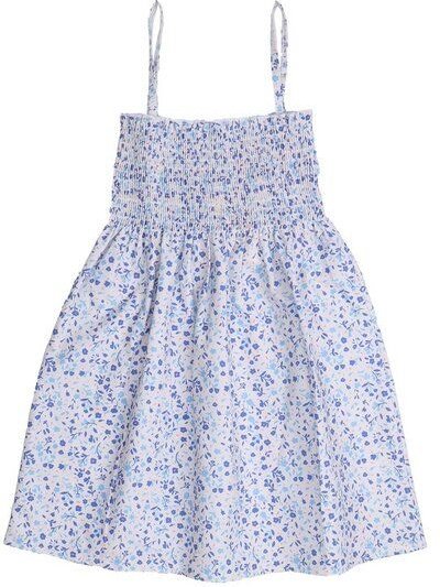 Cotokids Kinder Trägerkleid GOTS zertifiziert, creme, hellblaues Blumen-Allover, weich – Walkiddy