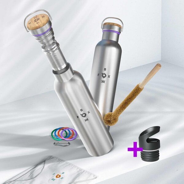 ÖKO FOXBOXX Flasche isol. matt - 350ml - 1000ml Teesieb & Sportcap Bürste Karabiner