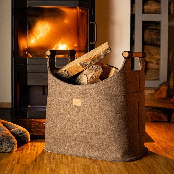 easy and green Korb für Kaminholz mit Echtholzgriffen (Eiche) 70 Liter aus recycling Filz