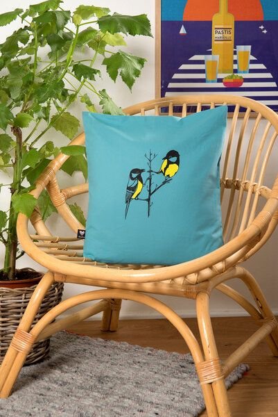 Hirschkind Bio-Kissenbezug 'Kohlmeisen' türkis 40x40cm