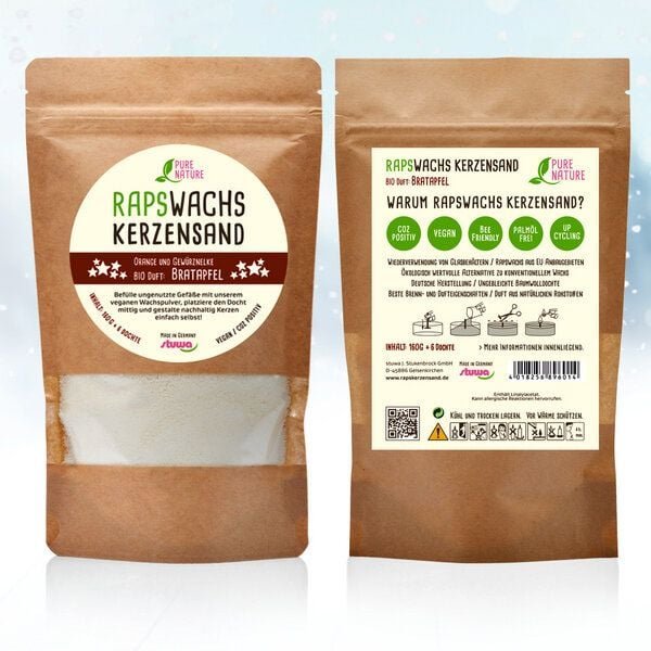 Stuwa Rapswachs - Winteredition Kerzensand – Bratapfel oder Lebkuchenduft – 160 g Beutel – 6 Baumwolldochte