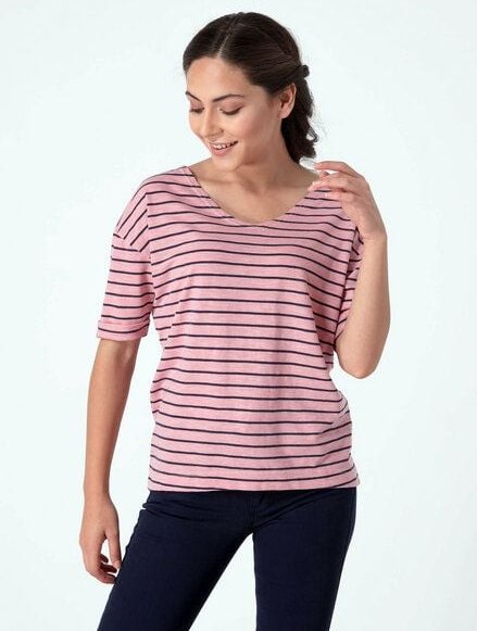 ORGANICATION Gestreiftes T-Shirt mit 1/2 Arm und längerem Rückenteil