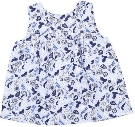 Mädchen Bluse GOTS zertifiziert, Bio-Baumwolle, weiß/blau, Vogel-Blumenmuster, ärmellos, leicht – Walkiddy