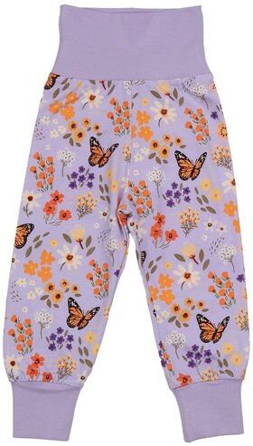 Baby/Kinder Pumphose GOTS-zertifiziert aus Bio-Baumwolle lila mit Blumen-und-Schmetterlings-Muster – Walkiddy