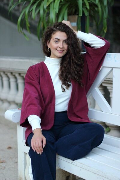 ManduTrap Elegante Kimonojacke aus Biobaumwolle – Cord in Grün, Blau oder Berry mit Gürtel und Taschen