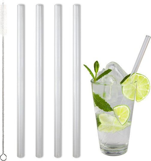 Contento Glastrinkhalm 21 cm lang, 4 Stück auf Geschenkkarte, mit Reinigungsbürste
