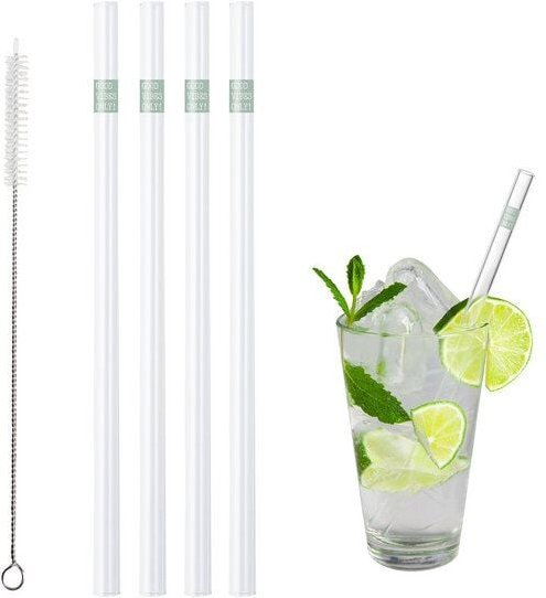 Contento Glastrinkhalm 21 cm lang, 4 Stück , "GOOD VIBES ONLY", mit Bürste
