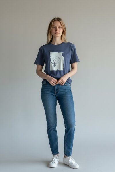 ilovemixtapes Damen T-Shirt „Fuchs im Wald“ – Bio-Baumwolle, handbedruckt, fair & nachhaltig | Blue Grey