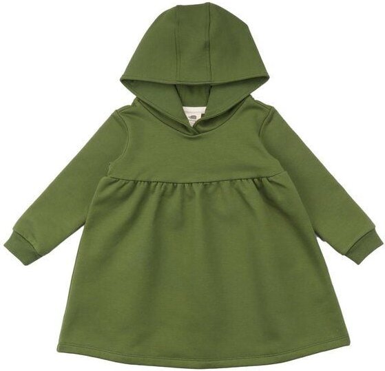 Kinder Kapuzenkleid GOTS zertifiziert, 95% Bio-Baumwolle, grün „Pesto“, Langarm, weich & bequem – Walkiddy