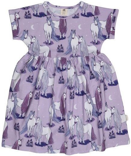 Kinderkleid GOTS zertifiziert, Bio-Baumwolle, lila, Einhorn-Muster „Unicornland“, Kurzarm, leicht – Walkiddy