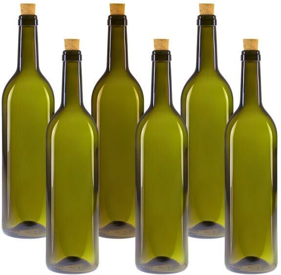 mikken Nachhaltige Glasflasche 0,75 L mit Korken – Weinflasche / Ölflasche inkl. Etiketten – in Klar- oder Grünglas