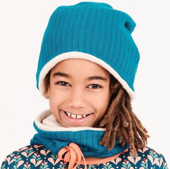 Thumbnail - Cheeky Apple Gefütterte Beanie-Haube aus Bio-Baumwolle "Rippstrick Petrol | Fleece Nude meliert"