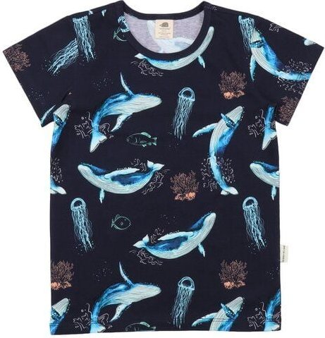 Kinder T-Shirt GOTS zertifiziert, Bio-Baumwolle, dunkelblau, Wal-Muster „Dancing Whales“, weich – Walkiddy